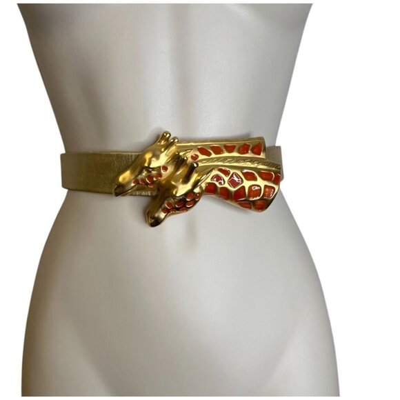 Giraffe Statement Belt Gold Leather 37 inch Double Giraffe Head main image 4